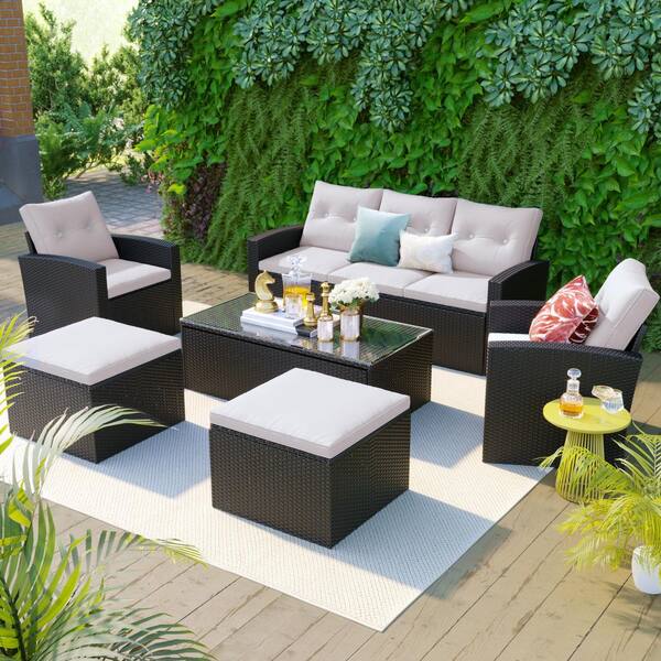 6-Piece Black Wicker Outdoor Sectional Set Conversation Set with Beige Removable Cushion and Coffee Table