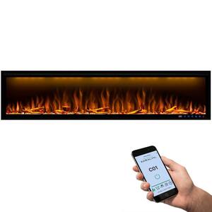 74 in. Smart Electric Fireplace Inserts Recessed and Wall Mounted Fireplace with Remote in Black