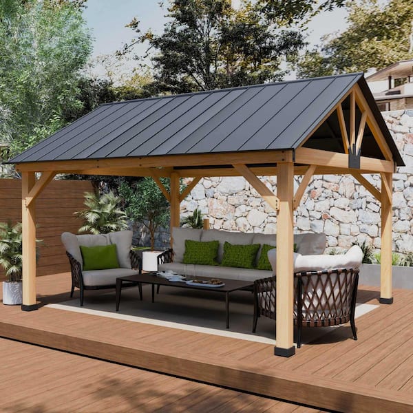 13 ft. x 11 ft. Cedar Wood Hardtop Outdoor Patio Gazebo with Galvanized Steel Roof and Ceiling Hook Brown
