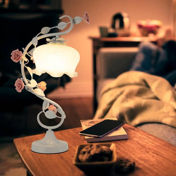 Goose Neck LED Table Lamp Lily Flower Glass Lampshade Bedroom Desk Light  Plug in