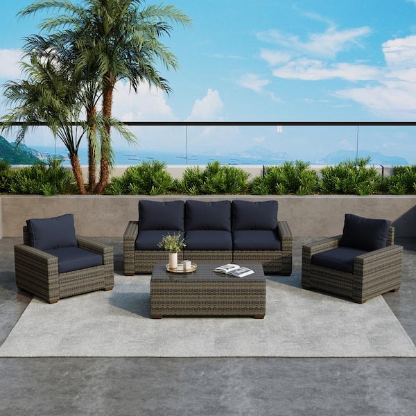 Uixe Taupe 6-Piece Wicker Outdoor Patio Conversation Seating Set with Dark Blue Cushions