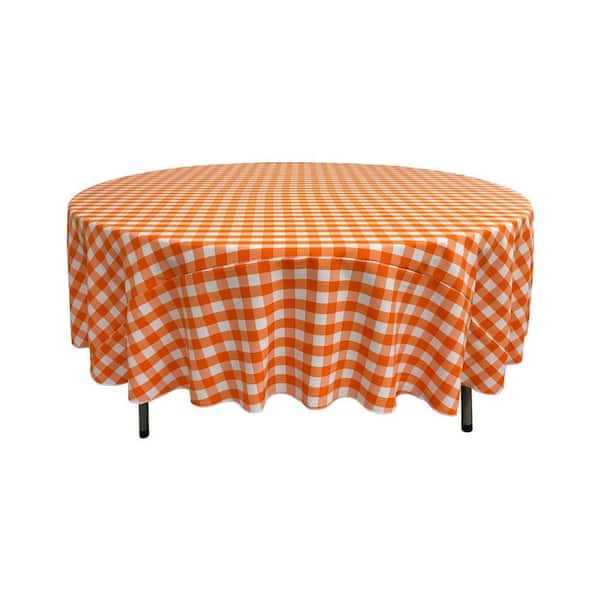 72 in. White and Orange Polyester Gingham Checkered Round Tablecloth