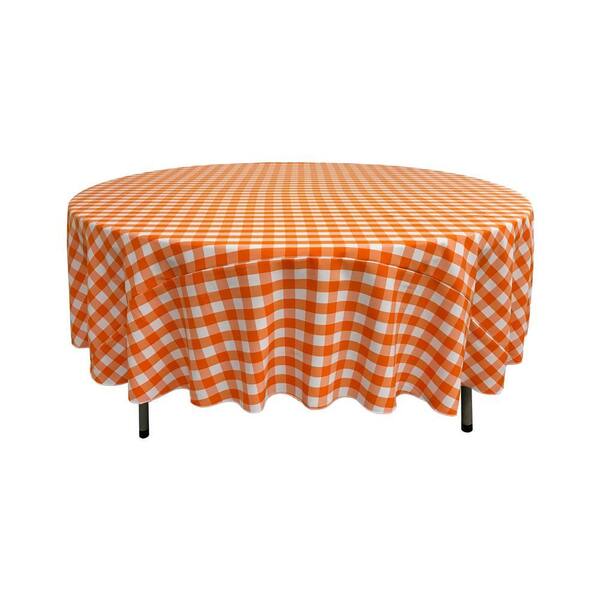 90 in. White and Orange Polyester Gingham Checkered Round Tablecloth