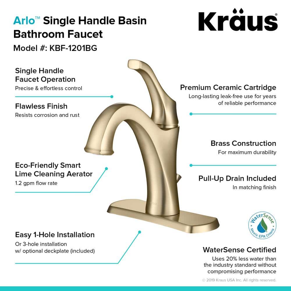 Arlo Brushed Gold Single Handle Bathroom Faucet with Lift Rod Drain