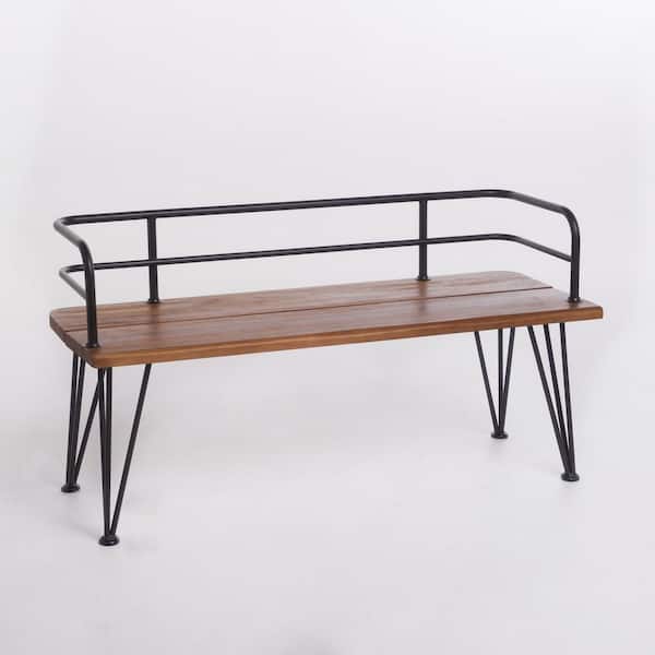 Tatayosi Outdoor Rustic Industrial Acacia Wood Bench with Metal Hairpin Legs, Teak