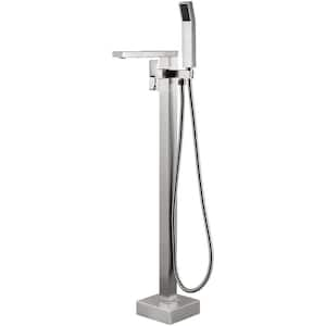 Single-Handle Freestanding Floor Mount Roman Tub Faucet Bathtub Filler with Hand Shower in. Brushed Nickel