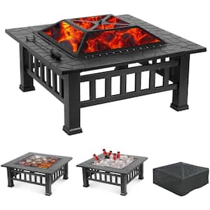 Maxwell 31.8 in. W x 18 in. H Square Steel Wood Black Burning Fire Pit with Poker and Cover