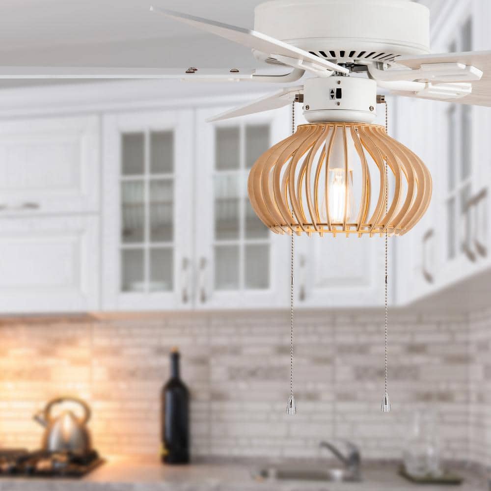 42" White and Tan Wood Caged Ceiling Fan with Light