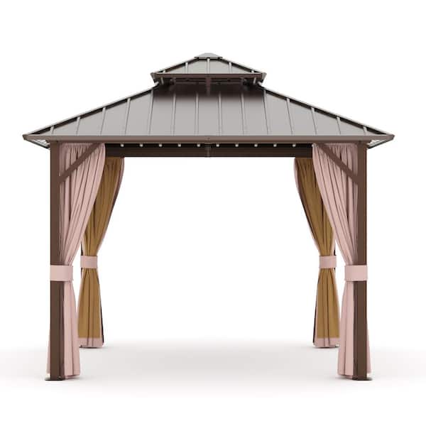 JOYSIDE 10 ft. x 10 ft. Aluminum Outdoor Double Galvanized Steel Roof Gazebo with Ceiling Hook, Mosquito Netting and Curtains