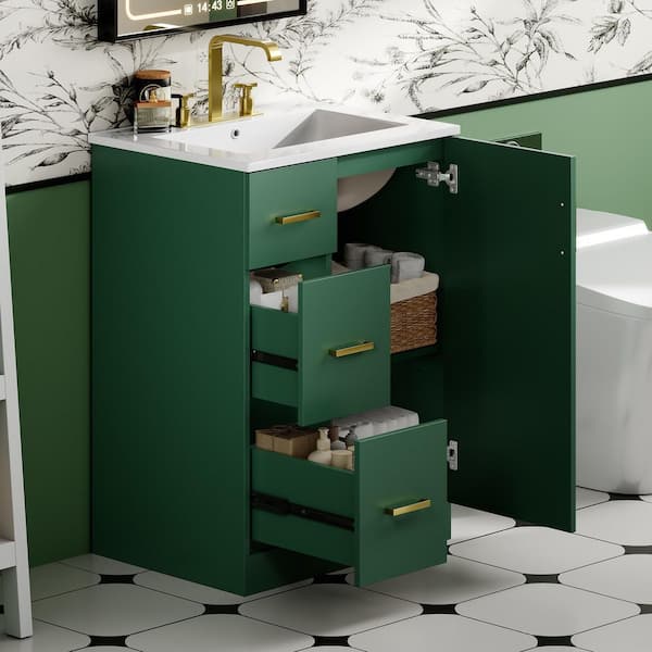 24 in. Single Sink Freestanding Green Bath Vanity with White Ceramic Top, 2 Drawers and 2 Shelves Cabinet Unassembled