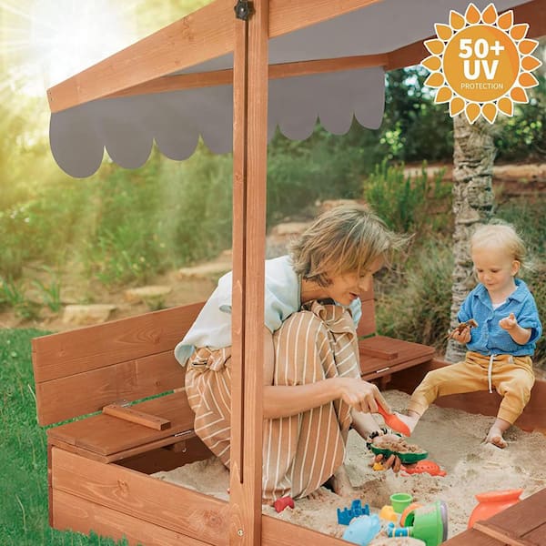 Kids Sandbox With Cover, Height Adjustable Roof, Foldable Bench