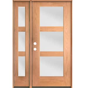BRIGHTON Modern 50 in. x 80 in. 3-Lite Right-Hand/Inswing Satin Glass Teak Stain Fiberglass Prehung Front Door with LSL
