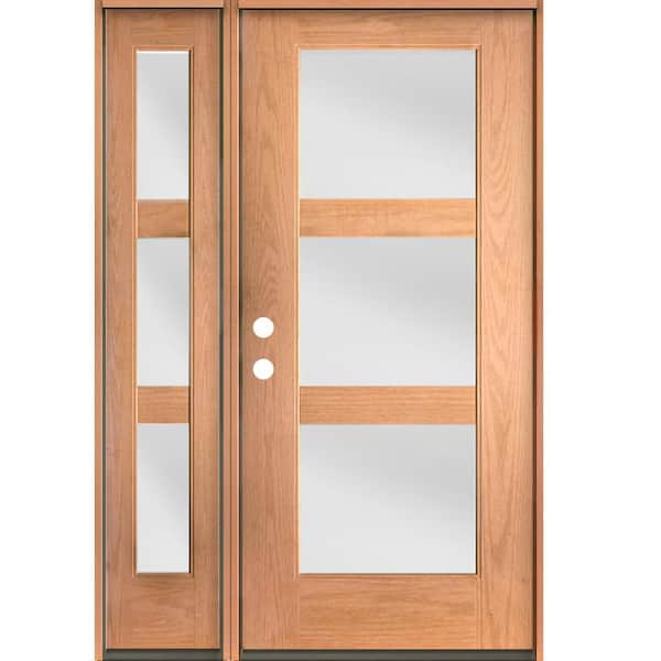 Krosswood Doors BRIGHTON Modern 50 in. x 80 in. 3-Lite Right-Hand/Inswing Satin Glass Teak Stain Fiberglass Prehung Front Door with LSL