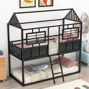 Black Twin Over Twin Size Metal Low Bunk Beds with Roof and Fence-shaped Guardrail