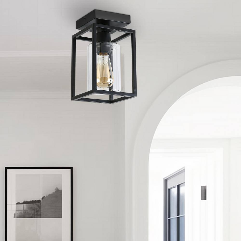 Black Metal Frame Semi-Flush Mount Ceiling Light with Clear Glass Shade
