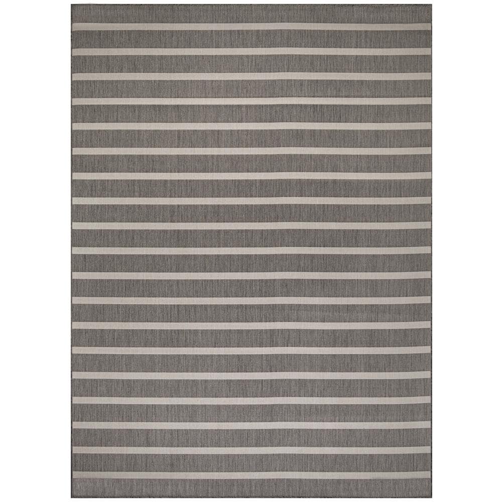 Charcoal Ivory Striped Flatweave 8' x 10' Outdoor Rug