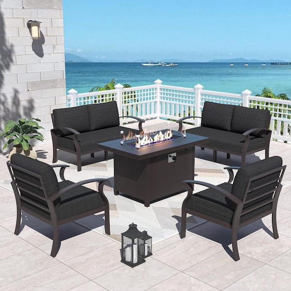Halmuz 5-Piece Aluminum Outdoor Patio Conversation Set with armrest, 55000 BTU Propane Firepit Table and Black Cushions