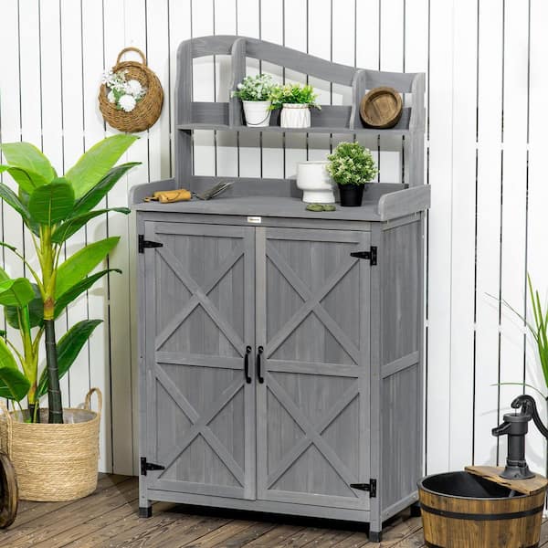 Unbranded 37.5 in. W x 18 in. D x 66.8 in. H Gray Fir Wood Multi-function Outdoor Storage Cabinet with Magnetic Doors