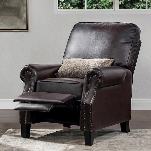 TINA'S HOME Genuine Leather Recliner Chair, Mid-Century Modern Push Back  Recliner Chair with Wood Feet & Armrest, Headrest & Lumbar Support, Manual