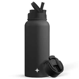 32 oz. Black Vacuum Insulated Stainless Steel Water Bottle with Flip Lid and Sport Straw Lid