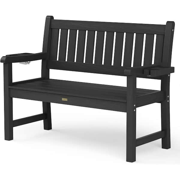 Black 47 in. 2-Person Plastic Outdoor Garden Bench with Dual Cup Holders