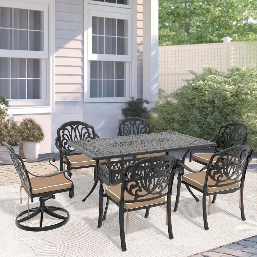 Black 7-Piece Cast Aluminum Rectangular Outdoor Dining Set with Swivel Chairs and All-Weather Cushions price history on PriceWatchPro