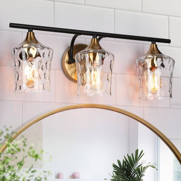 20 in. Modern 3-Light Black Wall Sconce Brass Gold Transitional Bath Lighting Water Glass Shade Bathroom Vanity Light