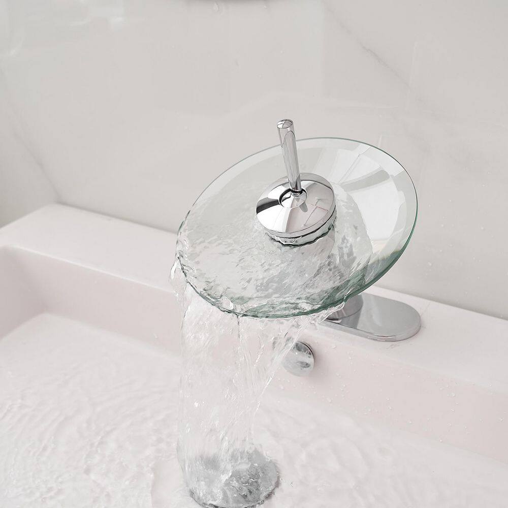 Polished Chrome Single Handle Waterfall Bathroom Faucet with Glass Spout