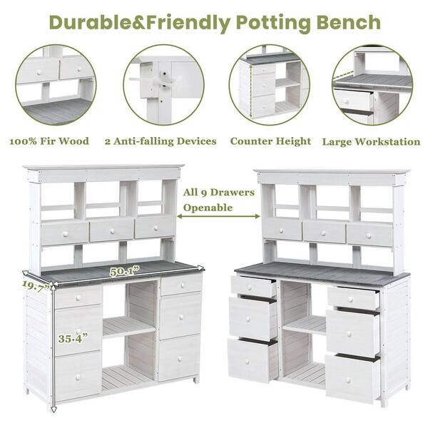 Unbranded - White and Gray Fir Wood Potting Bench Table with Multiple Drawers and Shelves for Storage