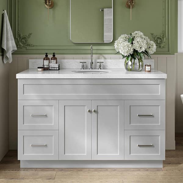 ARIEL Hamlet 55 in. W x 22 in. D x 36 in. H Bath Vanity in Grey with Carrara White Marble Top