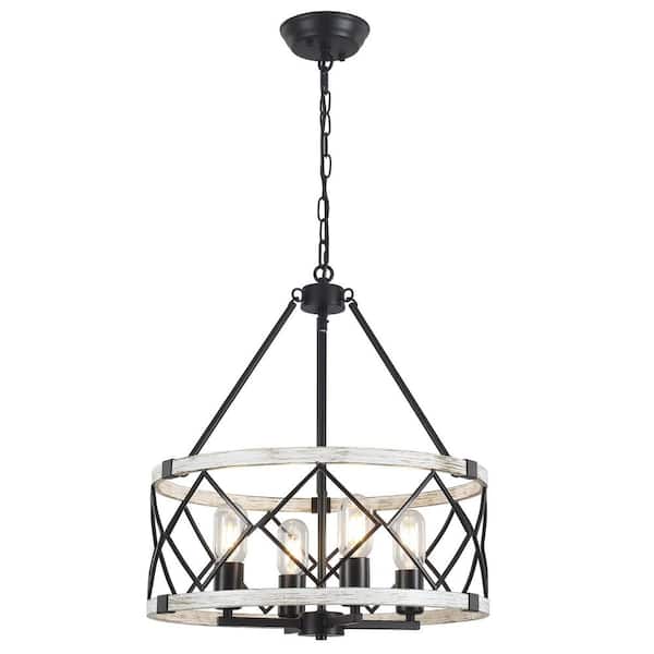 ADSENSTY 4-Light Black and Beige Gray Antique Textured Drum Cage Candlestick Island Chandelier Industrial Pendant Light