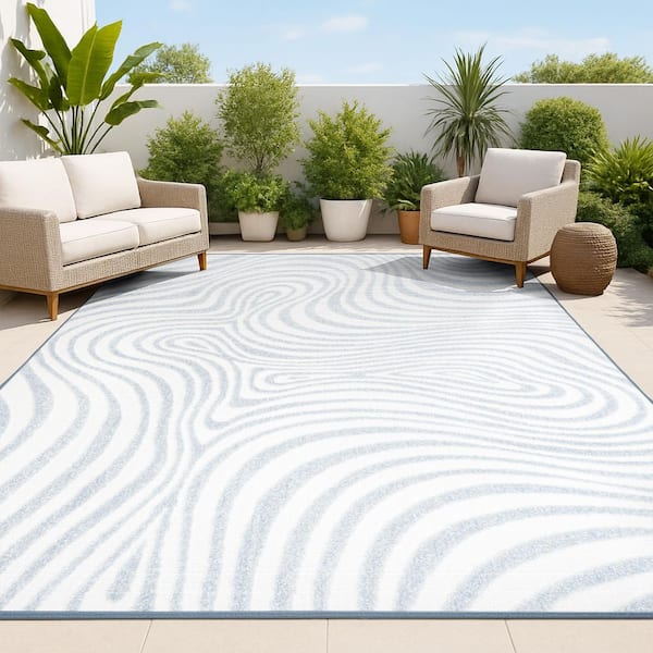 Maribo High-Low Abstract Groovy Striped Light Blue/Ivory 3 ft. x 5 ft. Indoor/Outdoor Area Rug