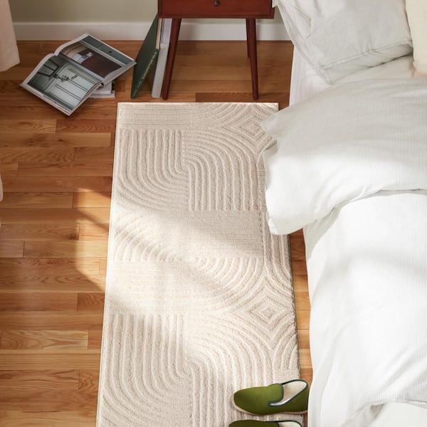 2 ft. x 7 ft. Taupe Stone Geo Curve Washable Indoor Runner Rug