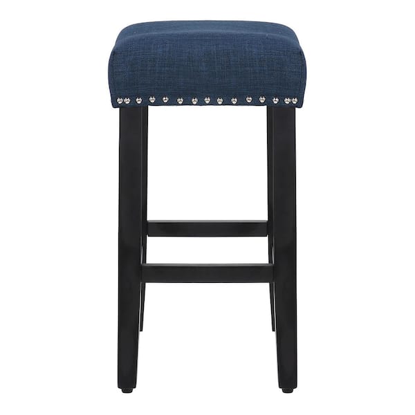 Jameson 24 in. Counter Height Black Wood Backless Barstool with Upholstered Navy Blue Linen Saddle Seat (Set of 2)