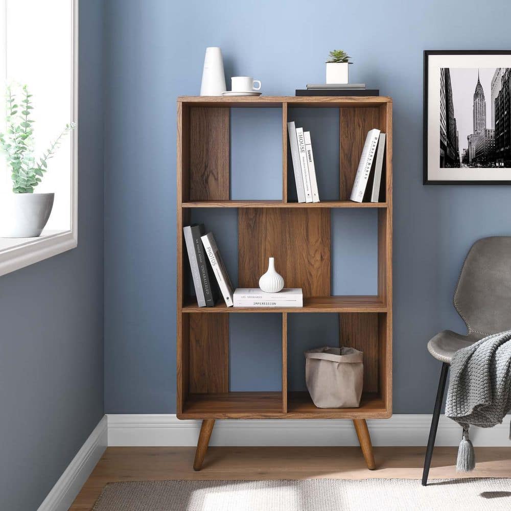 Mid-Century Modern Walnut Wood Grain Corner Bookcase