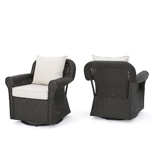 Yamileth Dark Brown Faux Rattan Outdoor Rocking Chair with Beige Cushions (2-Pack)