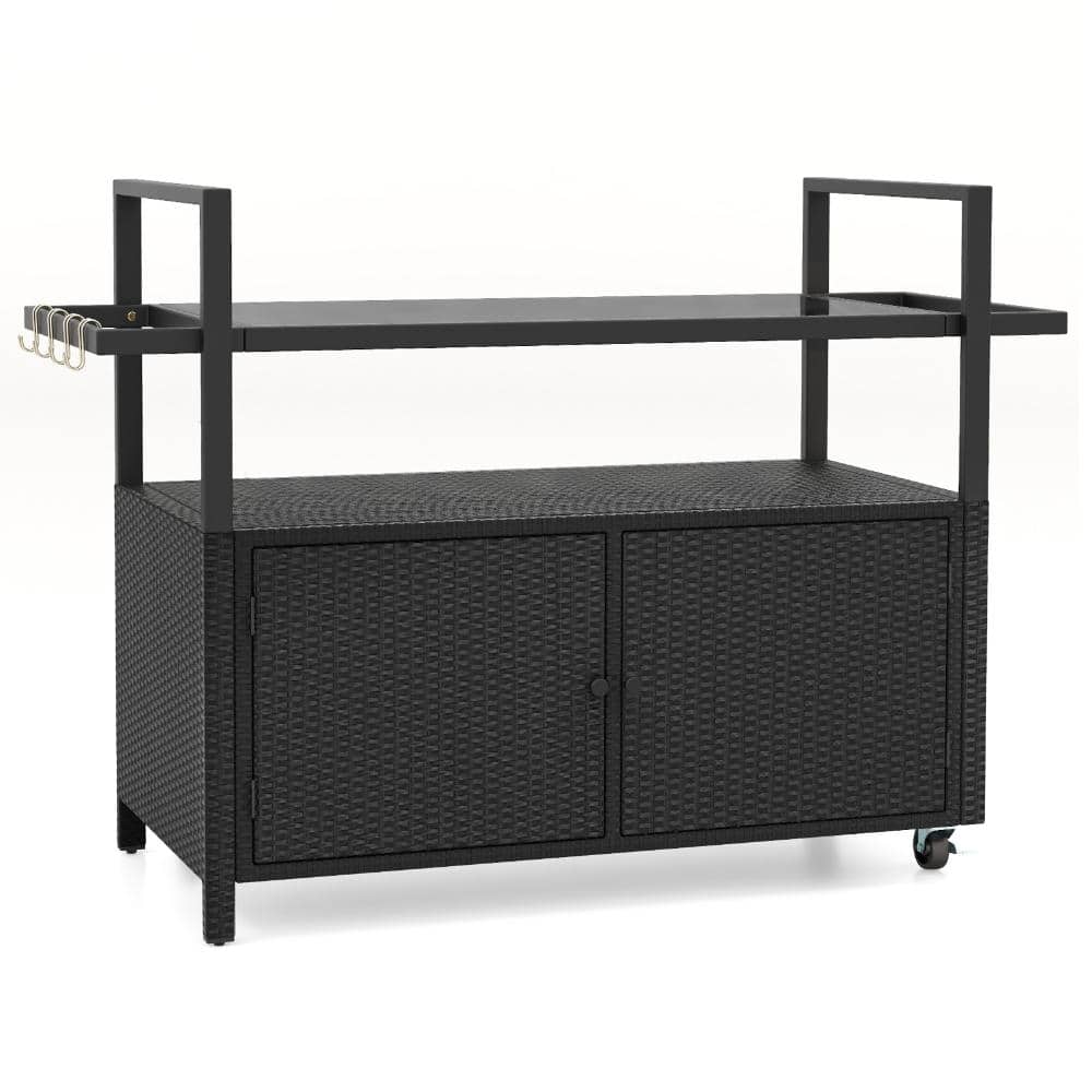 Outdoor Wicker Bar Cart Buffet Serving Cart with Cabinet Storage and 8 Hooks for Patio, Black price history on PriceWatchPro