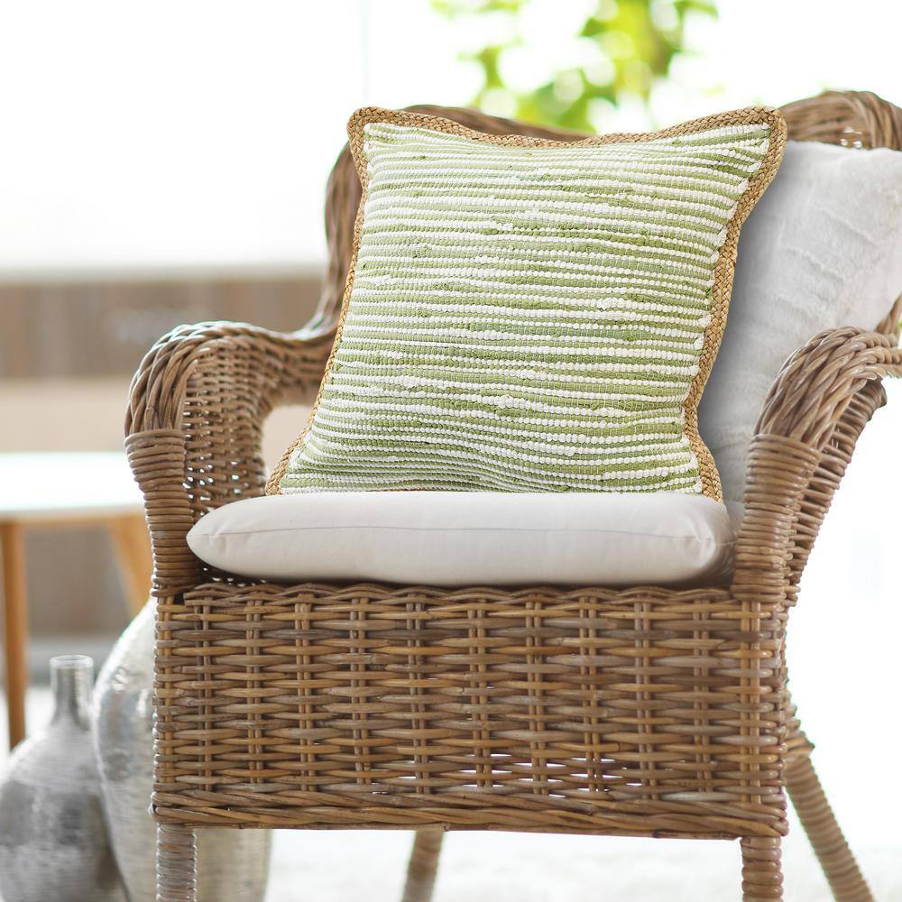 Turquoise and Jute Bordered Square Throw Pillow, 20" x 20"