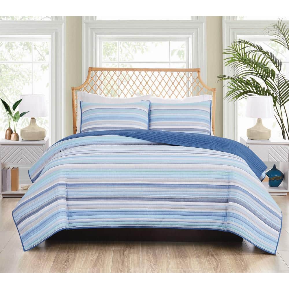 Blue and White Cotton Twin Quilt Set with Striped Design