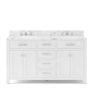 Madison 60 in. W x 21.5 in. D x 34 in. H Double Sink Bath Vanity in Pure White with Carrara White Marble Top