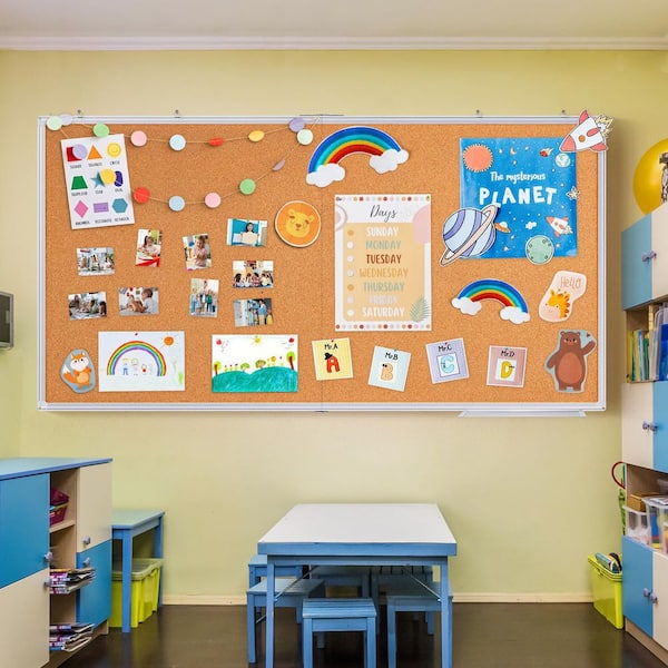 Large Cork Board 96 x 48 in. Bulletin Boardss, 8 ft. x 4 ft. Extra Aluminum Framed Corkboard, Foldable Wall Mounted Back