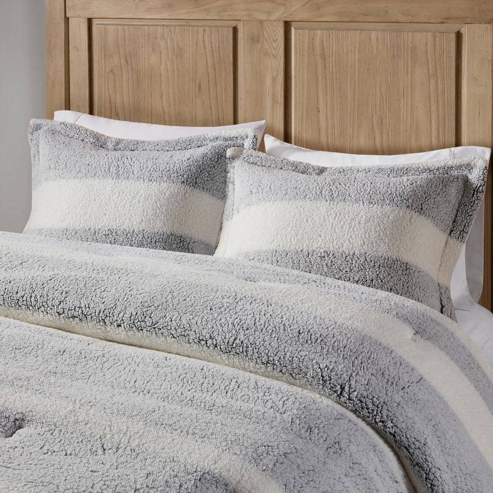 Ivory and Gray Twin Reversible Sherpa Comforter Set