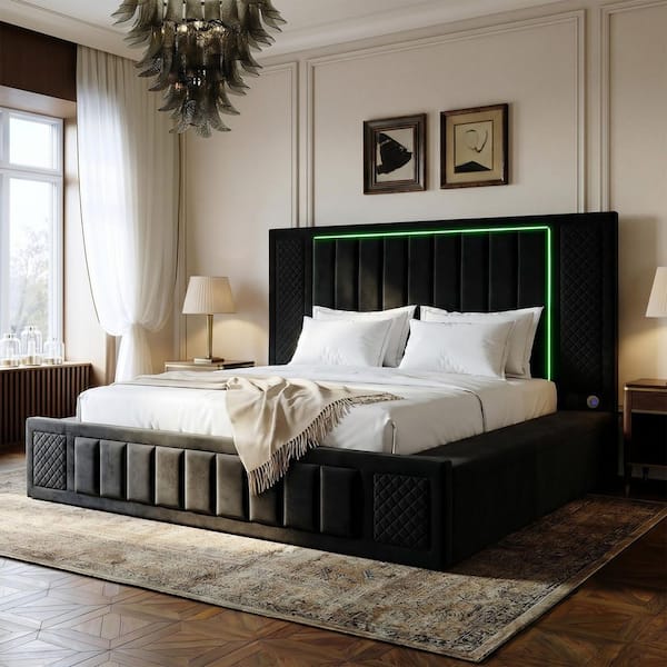 Homsee Black Wood Frame Queen Panel Bed with LED Light Strip and 2