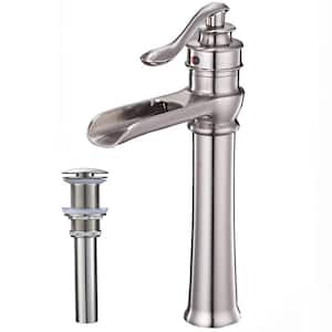 Single Handle Single Hole Waterfall Bathroom Vessel Sink Faucet with Pop-Up Drain Assembly Included in Brushed Nickel