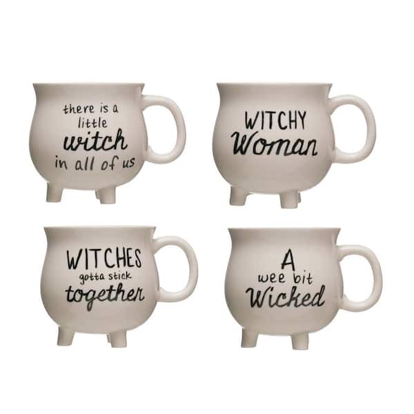 Storied Home 12 oz. White Stoneware Mug with Witch Saying (Set of 4)