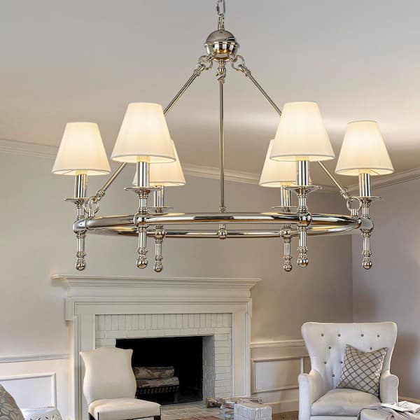 ALOA DECOR W34 in 6-Light Vintage Elegant Polished Nickel Chandelier Classic Lighting with White Fabric Lamp Shade for Dining Room