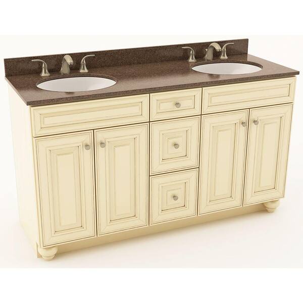 American Woodmark 61 in. W x 20-3/4 in. D Bath Vanity in Hazelnut with Quartz Vanity Top in Iron Bark with Oval White Double Basins