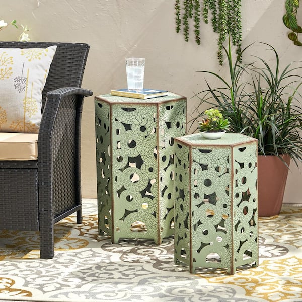 Unbranded Antique Green Hexagon Metal Outdoor Side Table, Adjustable Levelers Accent Tables for Garden Patio