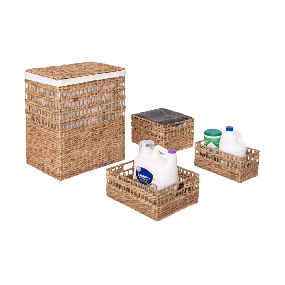 Natural Water Hyacinth Handwoven Lidded Hamper Set