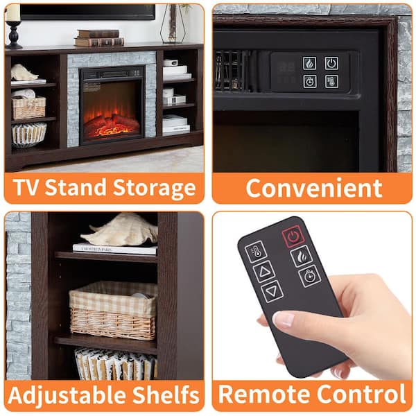 58.31 in. Freestanding TV Stand with 18 in. Electric Fireplace Insert, for TVs up to 65 in., Cherry, Faux Stone Surround